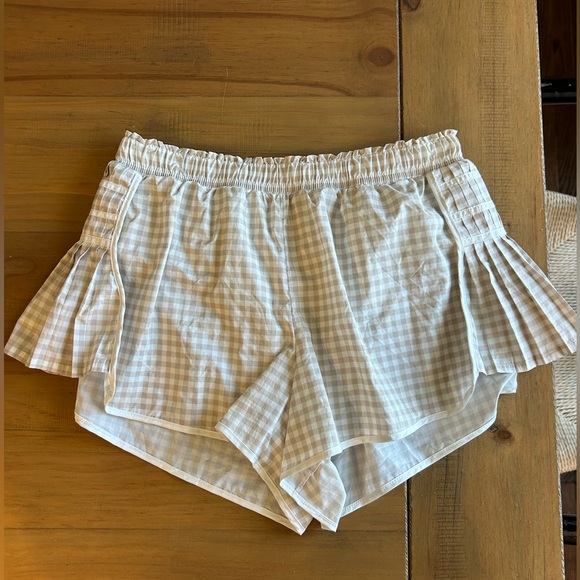 shop honey heart Pants - Cream Gingham Elastic-Waist Shorts with Side Ruffles